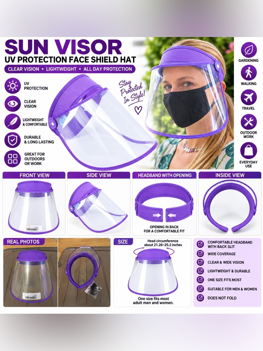 SUN VISOR UV PROTECTION FACE SHIELD HAT – PURPLE ONE SIZE (NEW WITH TAGS) A31